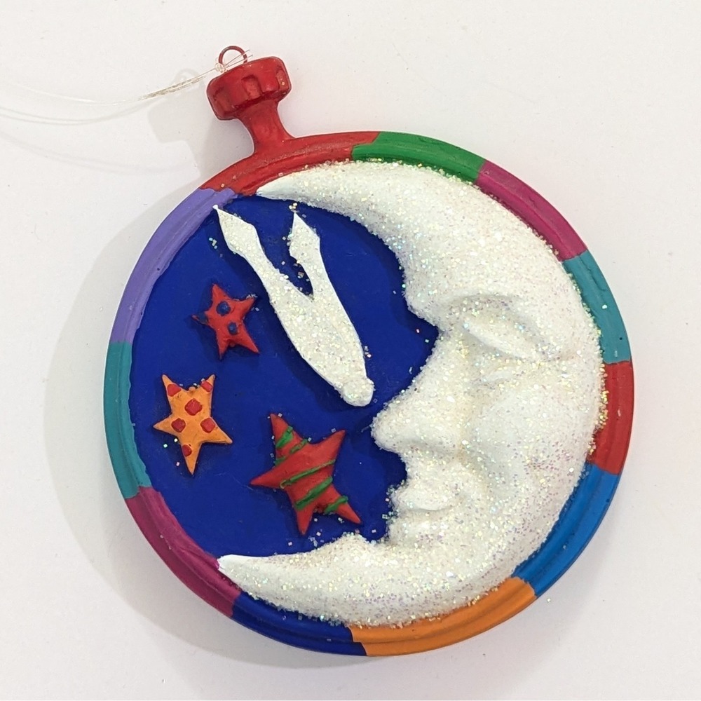 Celestial Moon Stars Clock Shape Paper Mache Plaster Colorful Glitter Ornament